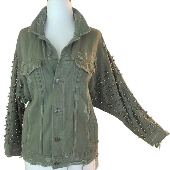 Sunset + Spring Embellished Oversized Distressed Denim Jacket Size XS Green - Picture 1 of 11
